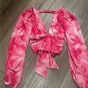 Lulu's Vibrant Pink Floral Wrap Blouse